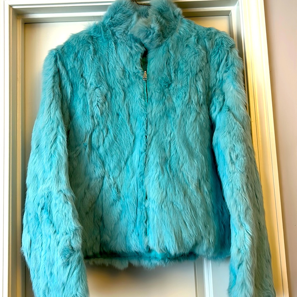 Ladies Wilson’s Leather fur jacket, teal color